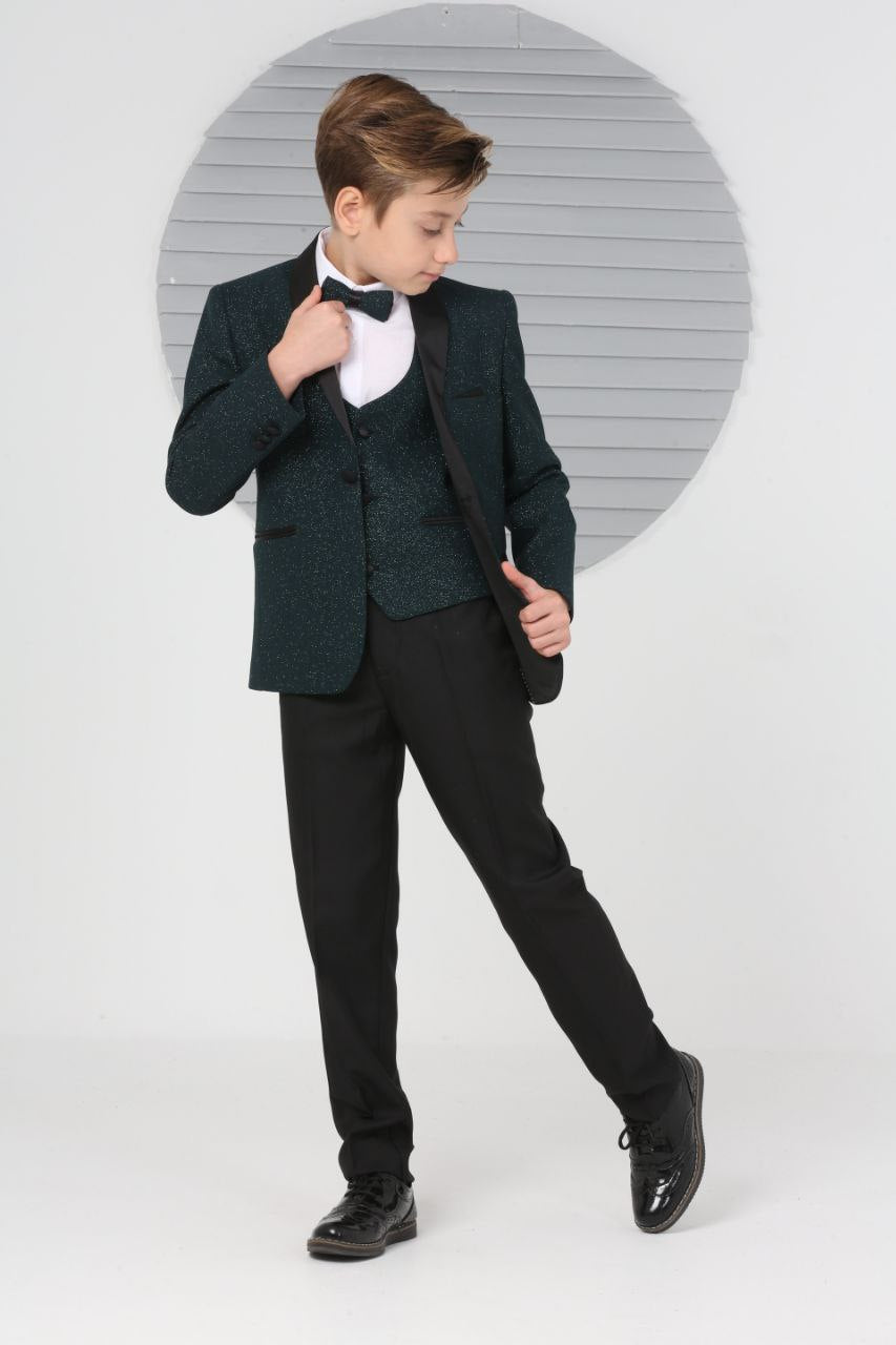 Green Shimmery Boy Wedding Tuxedo Suit in green Slim Fit 5 Piece Special Occasion Outfit